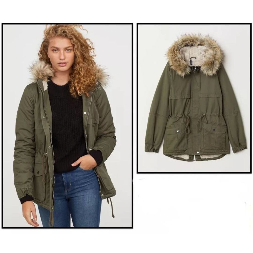 Y2K Parka Divided H&M Khaki Faux Shearling NEW